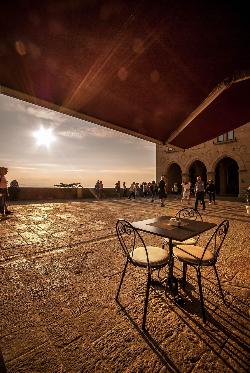 sunset, cafe, coffee cup, restaurant, coffee, cup, dawn, espresso, table, urban, breakfast, nature, evening, hot, food, architecture, refreshment, relax, cappuccino, building, san marino, drink