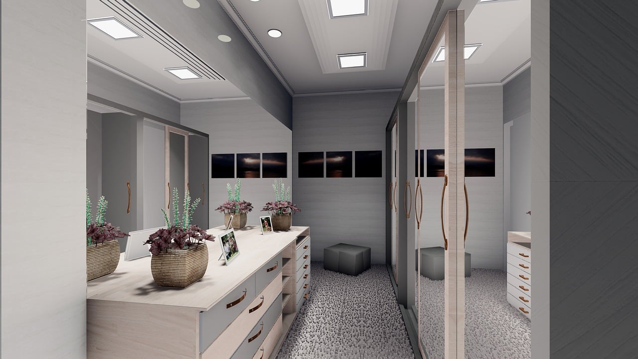 architecture, interiors, internal, environment, white, flowers, decoration, decorate, closet, cabinet, clothes, mirror, lighting, frame, woody, wood, garments, home, design, scenario, nature, rendering, well-being, 3d modeling, sketchup, furniture, lumion, project, color