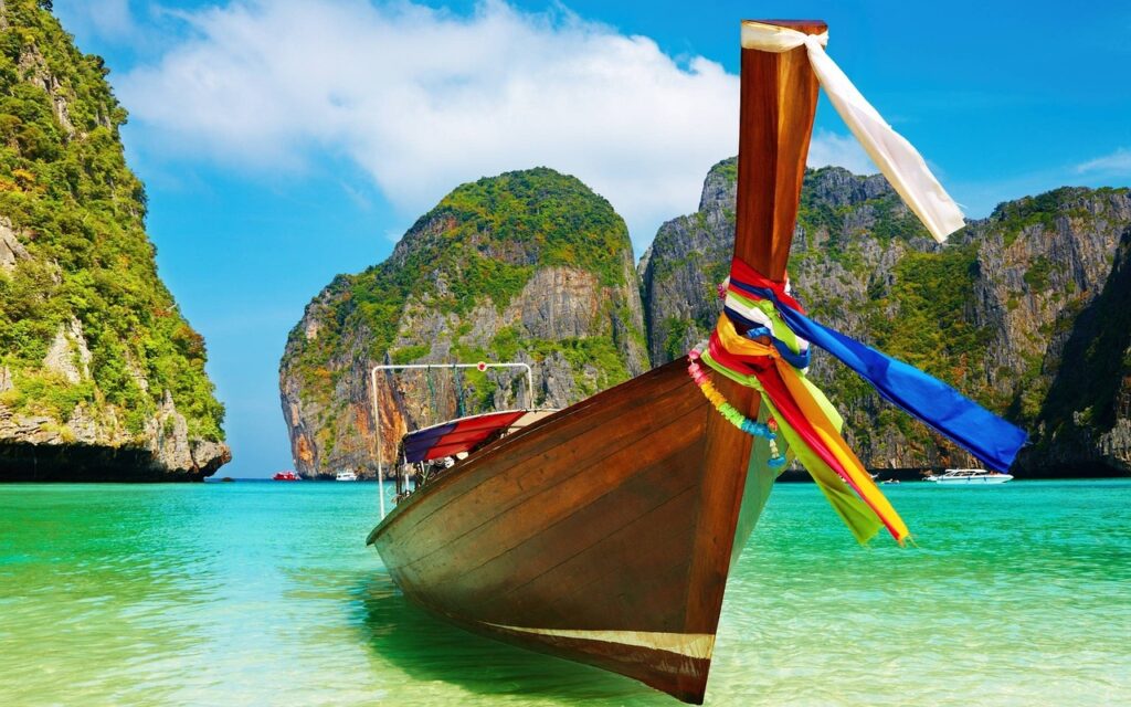 bay, beach, boat, islands, wooden boat, fishing boat, tropical islands, cliffs, landscape, seascape, water, exotic, idyllic, lagoon, ocean, nature, sea, seashore, summer, travel, tropical, vacation