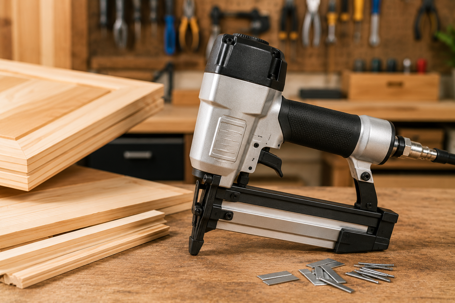 brad nailer for woodworking on a workbench with wood planks and brad nails in a professional workshop.