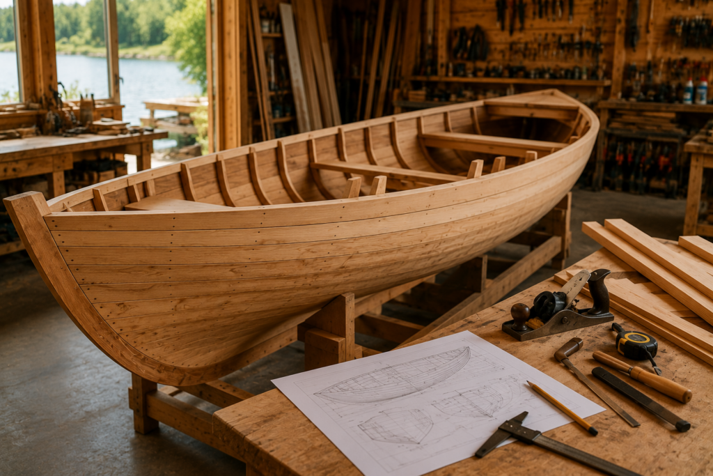 Wooden boat under construction in a workshop with woodworking tools and boat building plans.