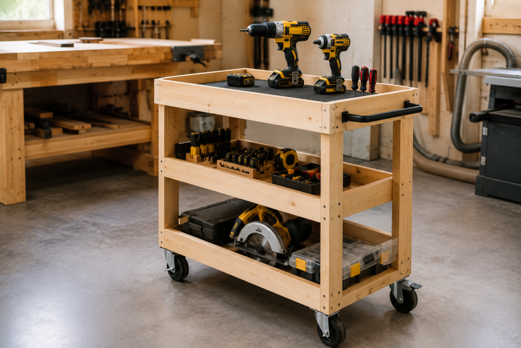 Rolling wooden tool cart for woodworking with organized power tools, hand tools, and storage shelves.