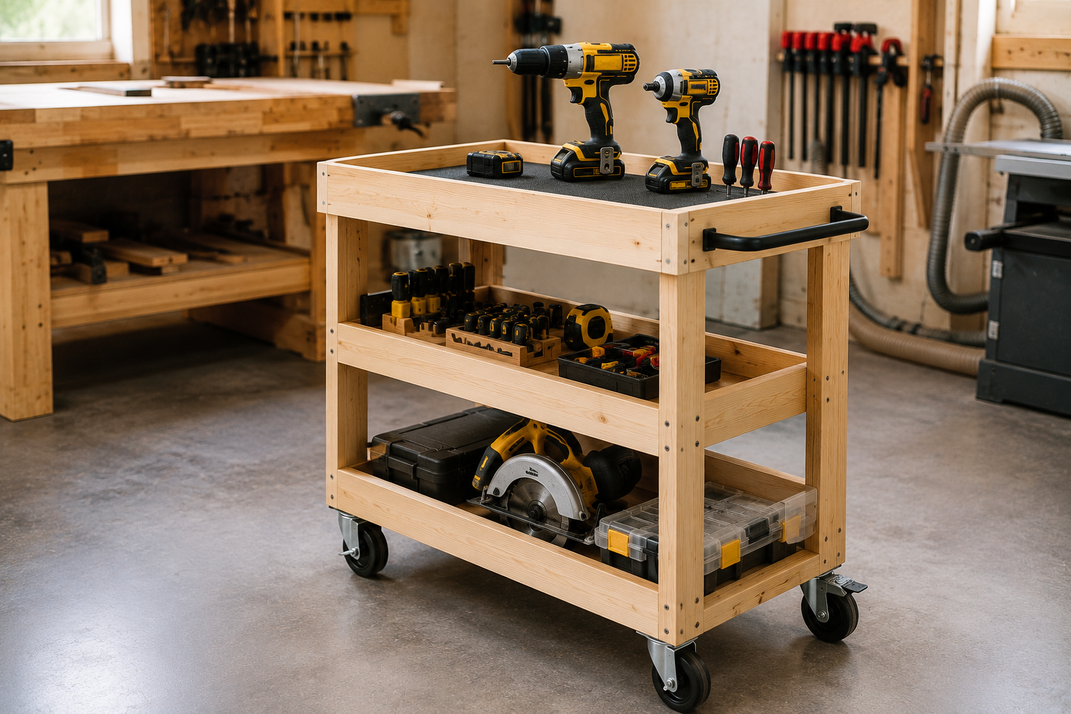 Rolling wooden tool cart for woodworking with organized power tools, hand tools, and storage shelves.