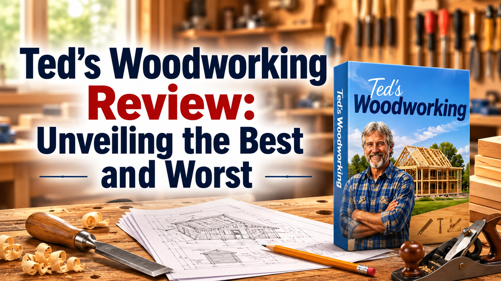 Ted's Woodworking Review featured image showing woodworking plans, workshop tools, and a woodworking project guide.
