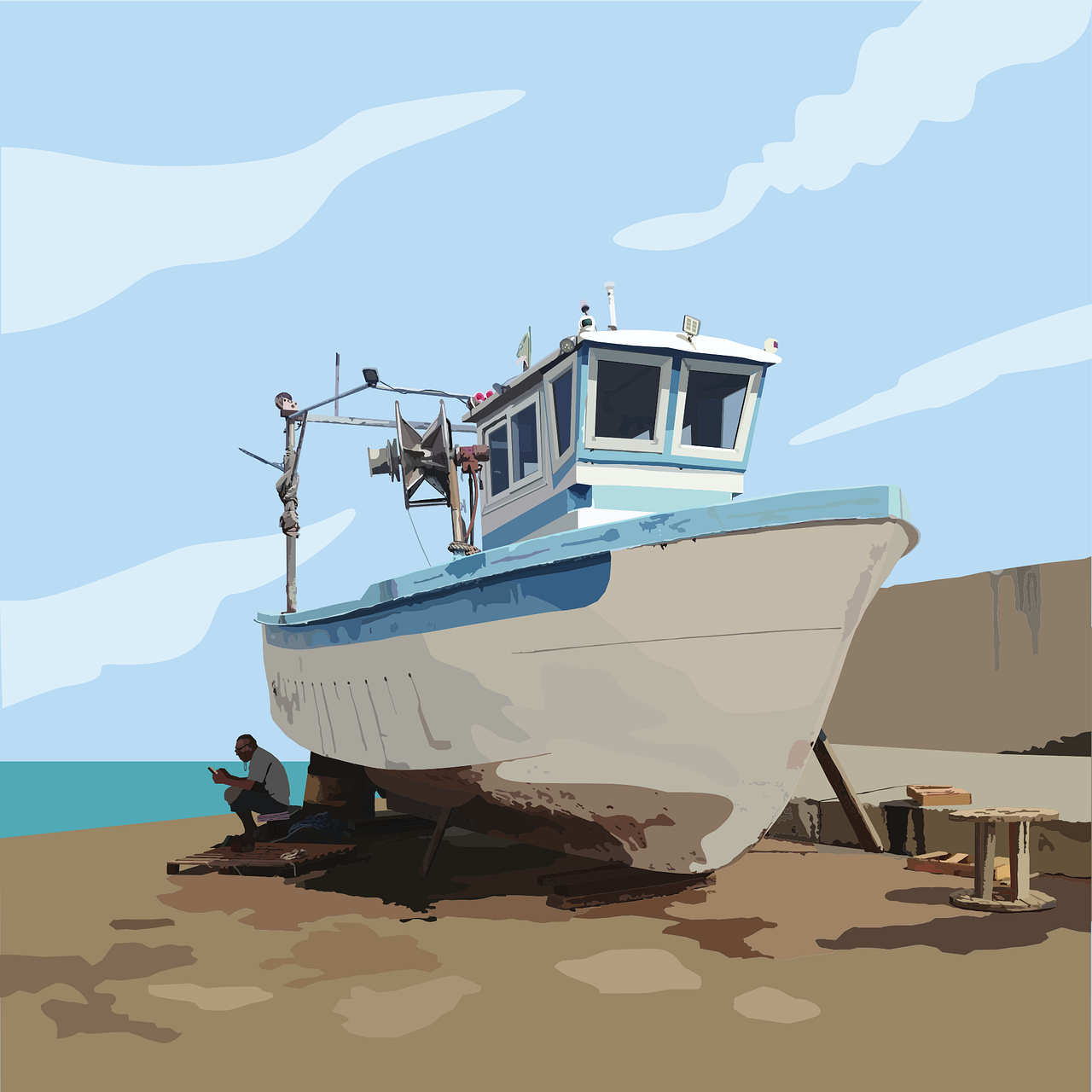 trawler, fishing, repair, maintenance, mid-western sea, suspended, patience, marine, port, cost, realistic illustration