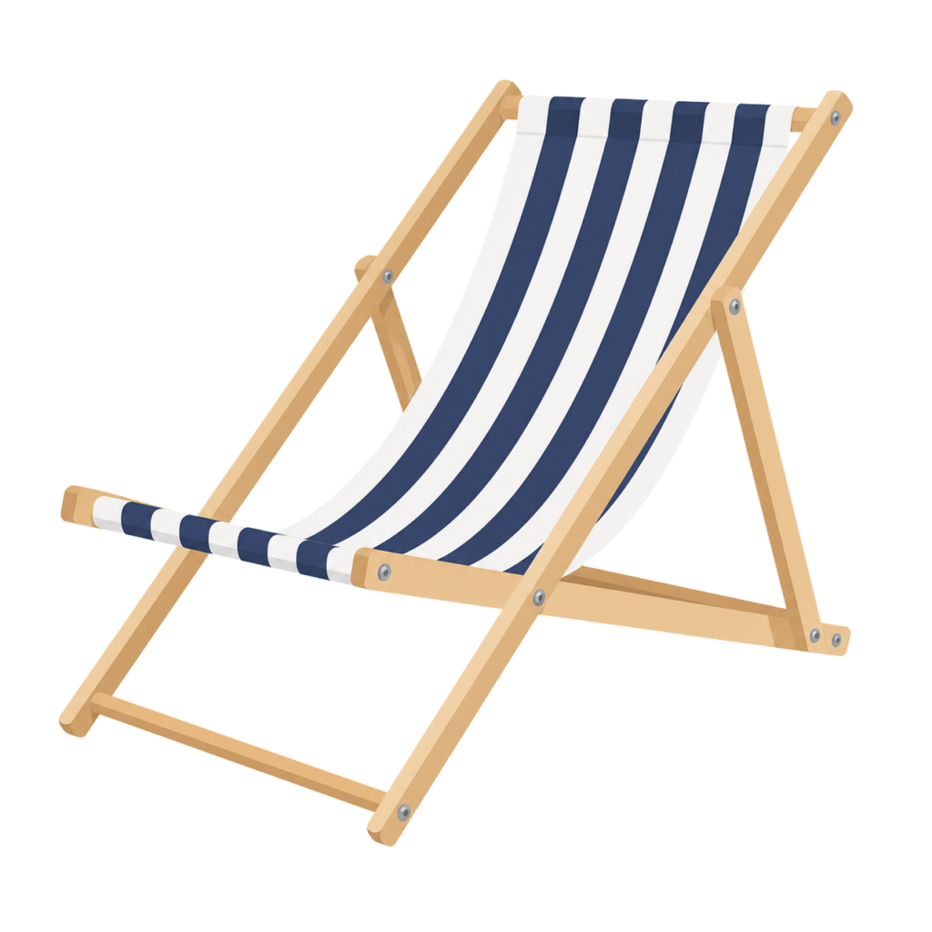 beach chair, deck chair, striped fabric, wooden frame, navy blue and white, summer vibe, comfort, relaxation, holiday, summer vacation, outdoor furniture, seaside use, folding chair, coastal style, clean illustration, summer holiday, isolated, summer furniture, chair for beach, vintage style