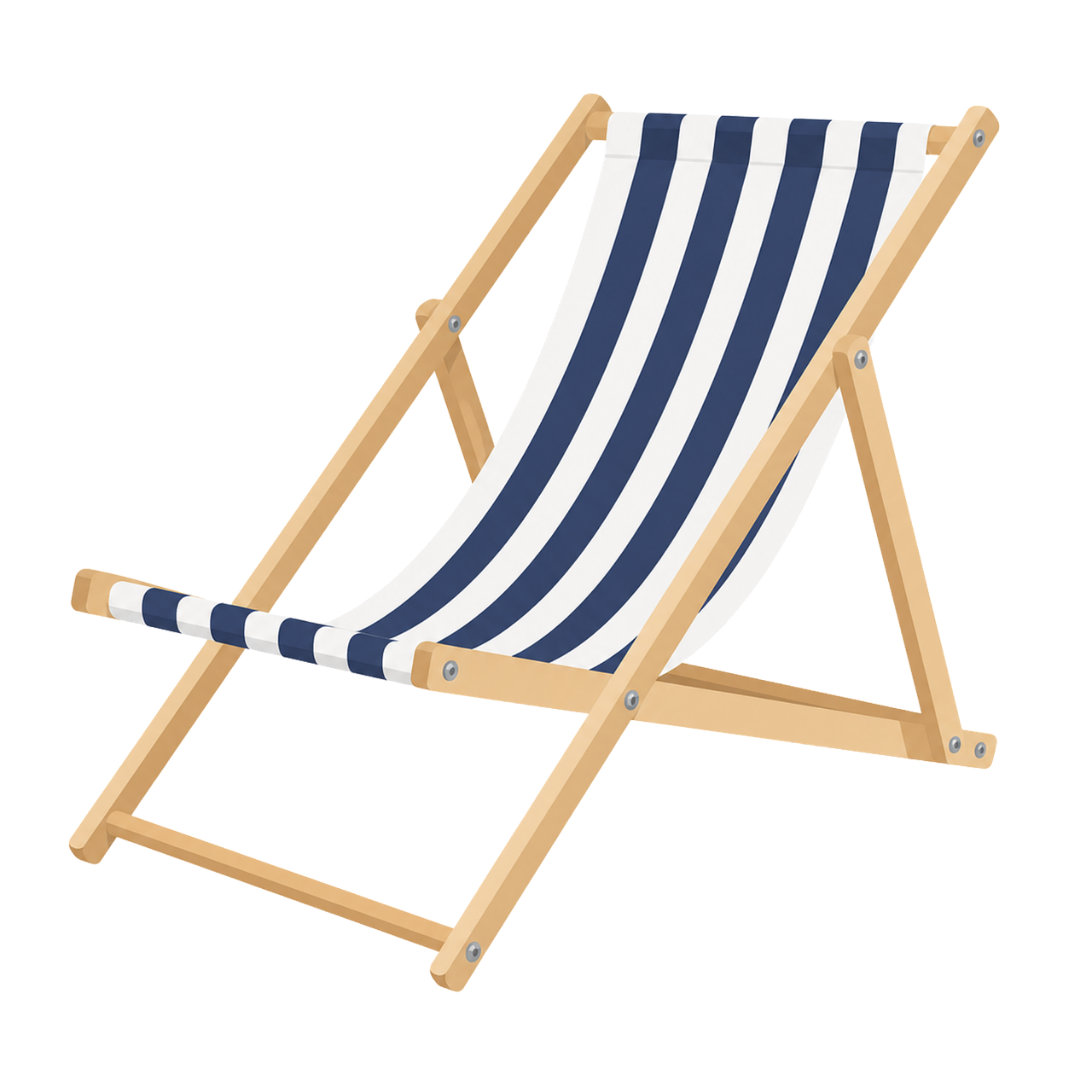 beach chair, deck chair, striped fabric, wooden frame, navy blue and white, summer vibe, comfort, relaxation, holiday, summer vacation, outdoor furniture, seaside use, folding chair, coastal style, clean illustration, summer holiday, isolated, summer furniture, chair for beach, vintage style