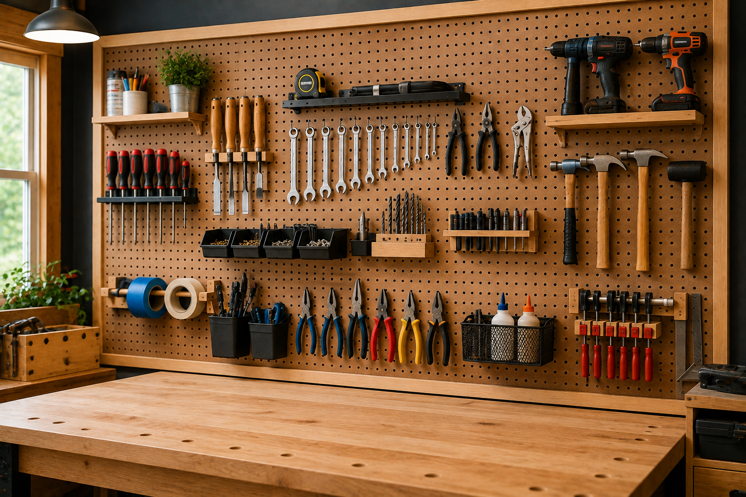 Organized woodworking pegboard with neatly arranged hand tools, power drills, clamps, storage bins, and accessories above a clean wooden workbench in a bright workshop.
