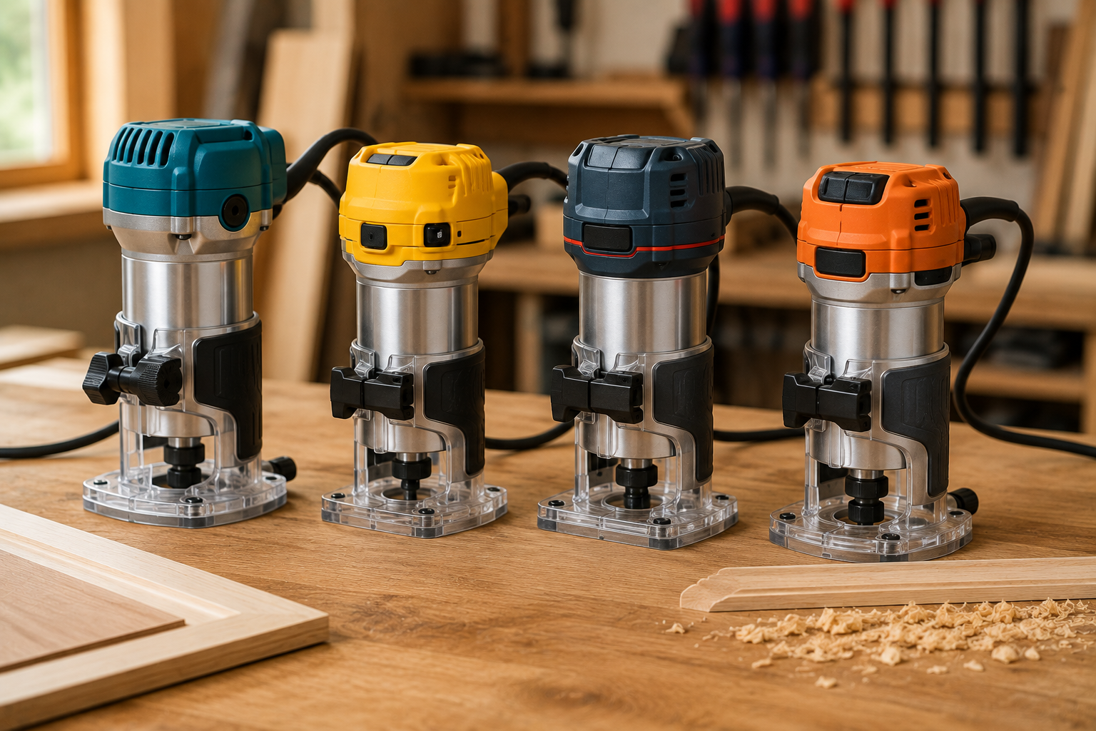 Four compact trim routers displayed on a wooden workbench with wood shavings and routed boards in a bright woodworking workshop, ideal for beginner woodworkers.
