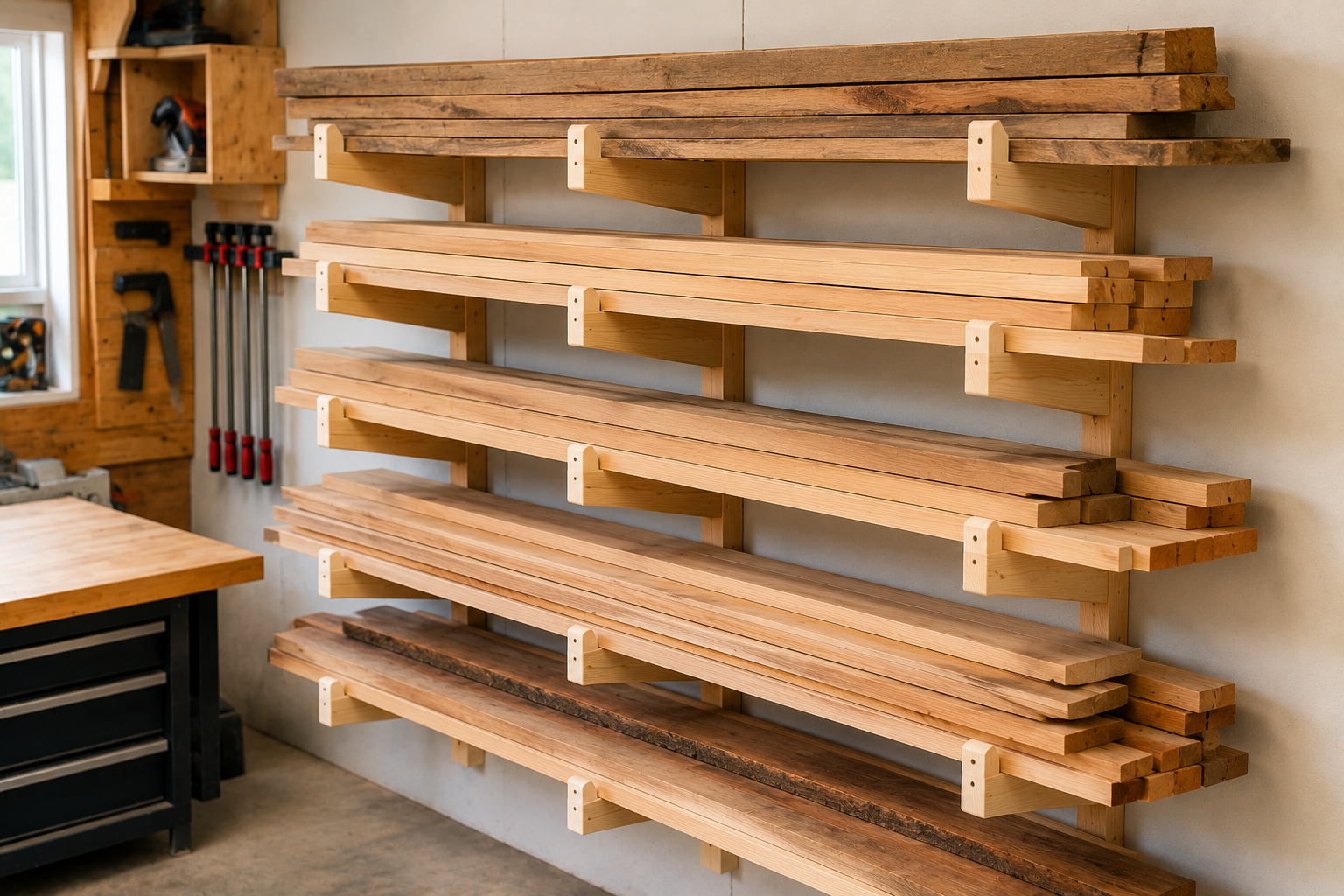 DIY wall-mounted lumber rack holding neatly stacked hardwood boards in a clean, organized woodworking shop with a workbench and tools in the background.