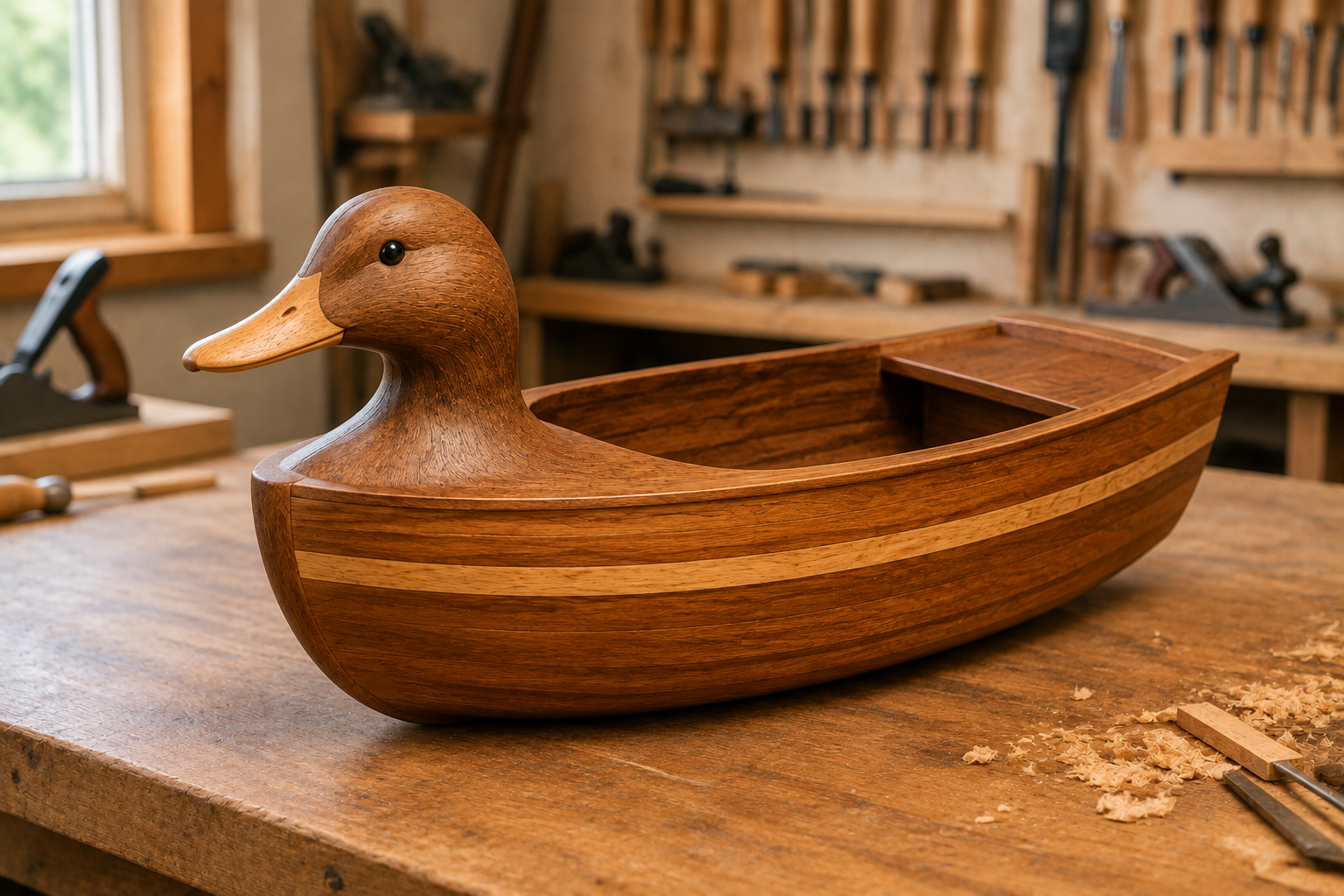 Handcrafted wooden duck boat on a workbench in a woodworking shop, showcasing a DIY boat building project with detailed wood grain and classic craftsmanship.