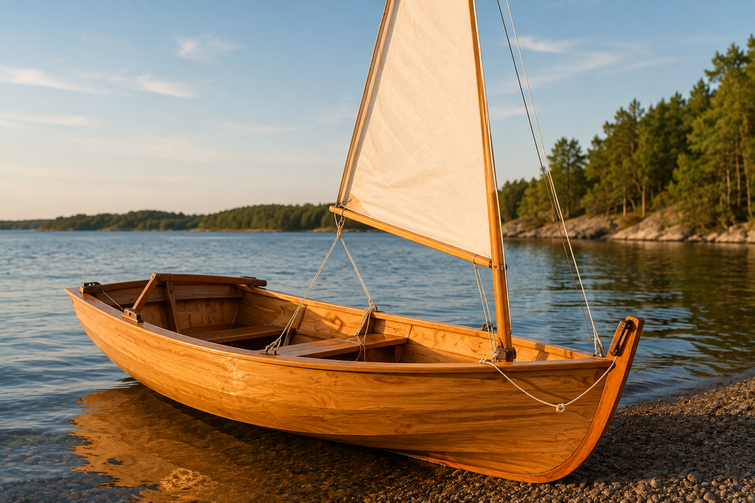 Small wooden sailboat with a cream-colored sail resting on the shore of a calm lake.