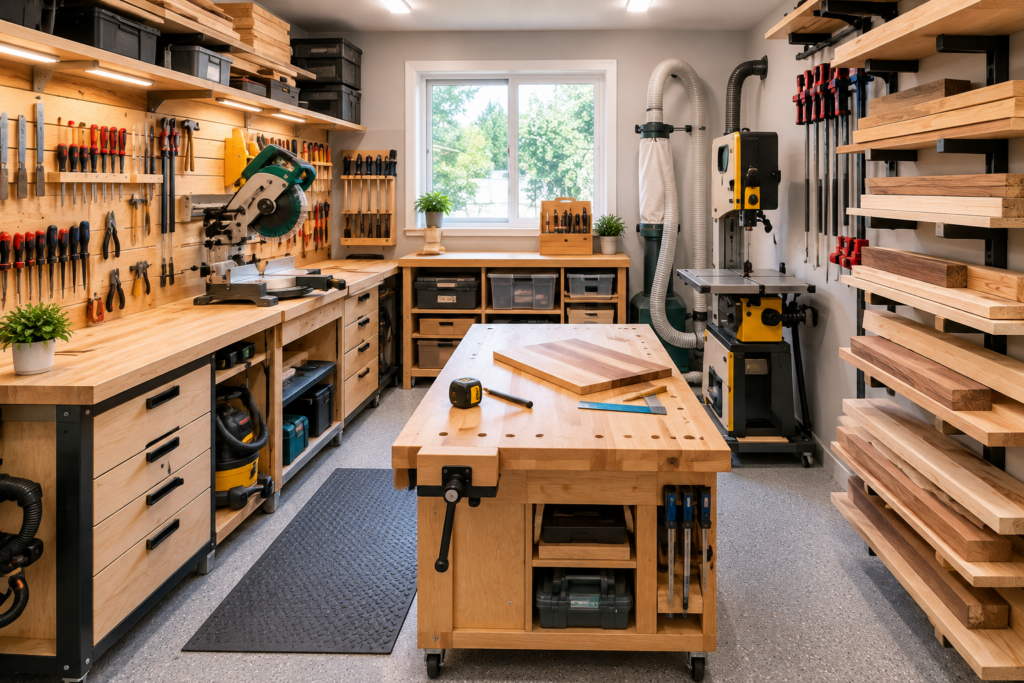 Small garage woodworking shop with a central workbench, organized tools, lumber storage, cabinets, and efficient workstations.