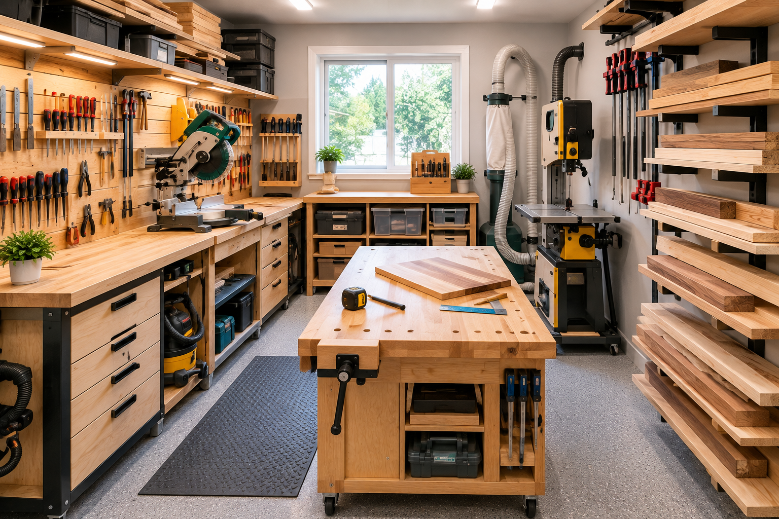 Small garage woodworking shop with a central workbench, organized tools, lumber storage, cabinets, and efficient workstations.