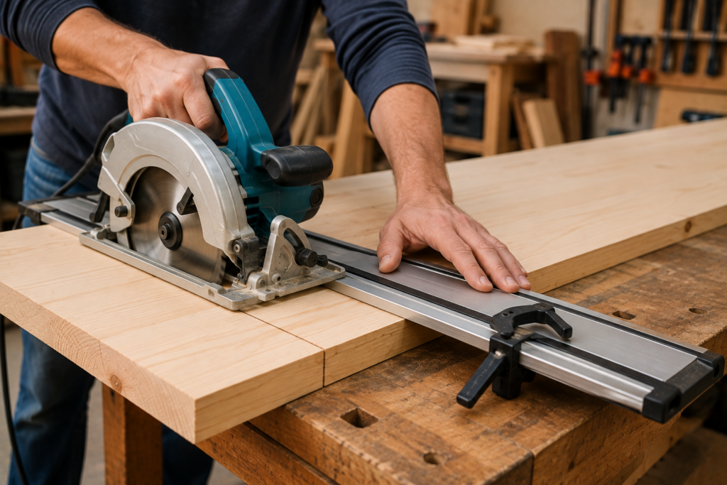 Woodworker using a circular saw with a straightedge guide to make a straight cut on a wooden board.