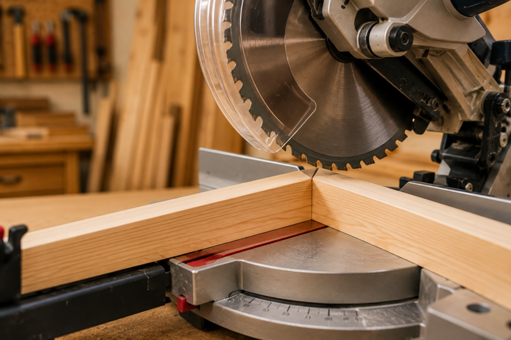 Miter saw making a precise 45-degree cut on a wooden board in a woodworking workshop.