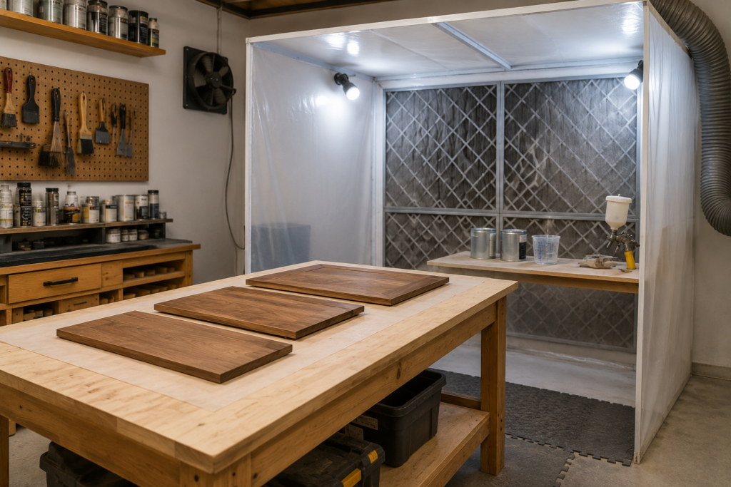 Woodworking shop with a dedicated wood finishing area, workbench, drying boards, finish supplies, ventilation fan, and spray booth.