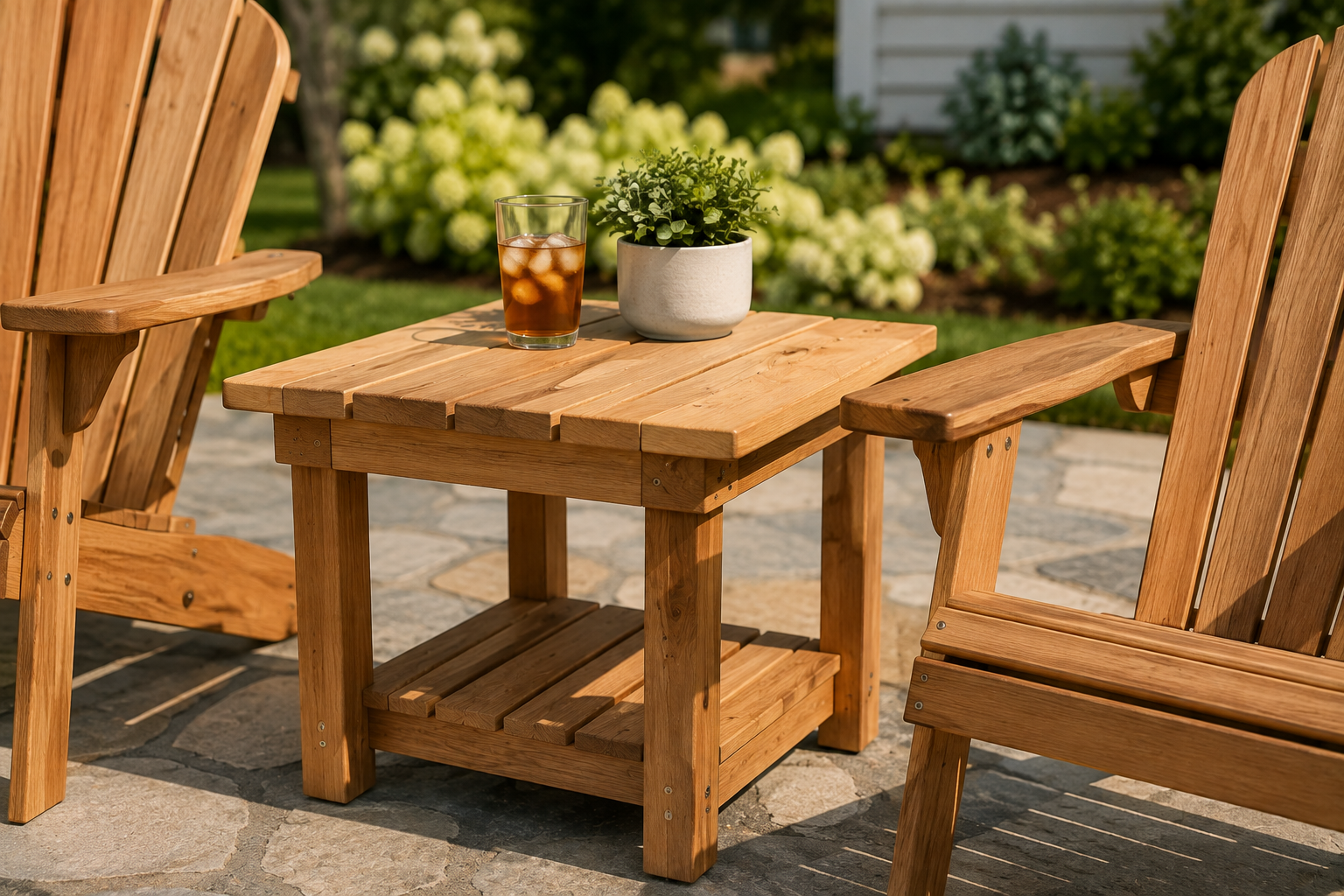 DIY wooden Adirondack table with slatted tabletop and lower shelf between matching Adirondack chairs on a patio.