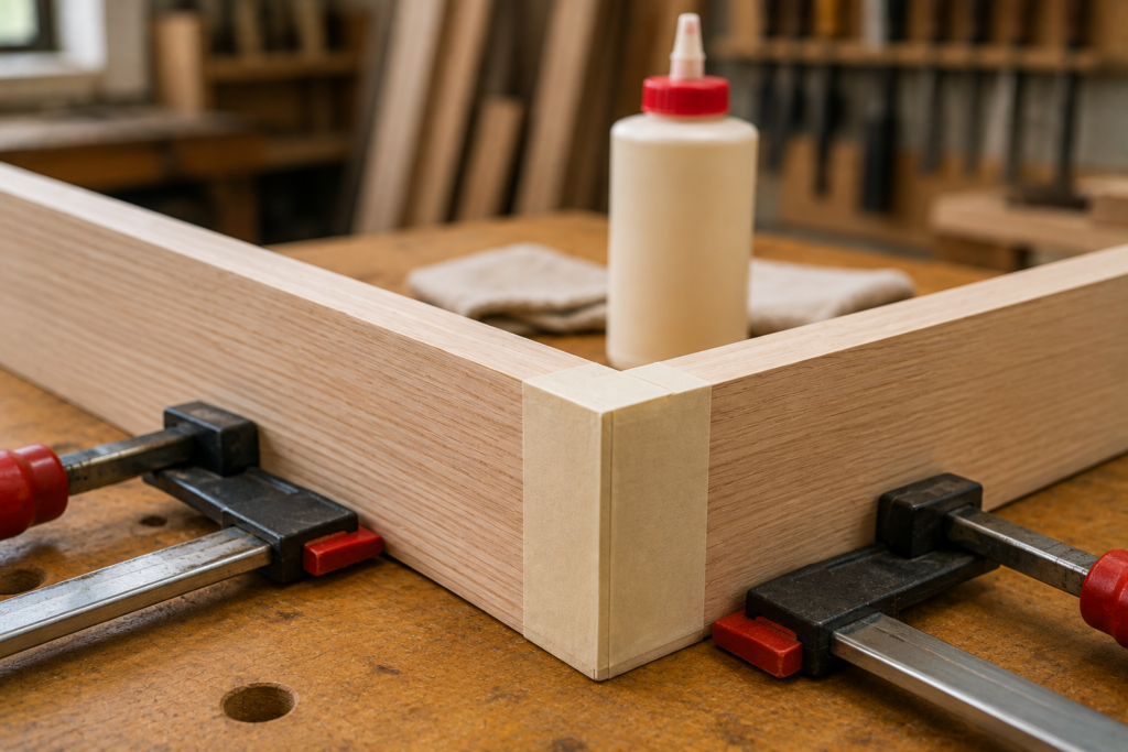 Wood boards clamped together with a glue bottle nearby, demonstrating how to prevent wood glue squeeze-out.