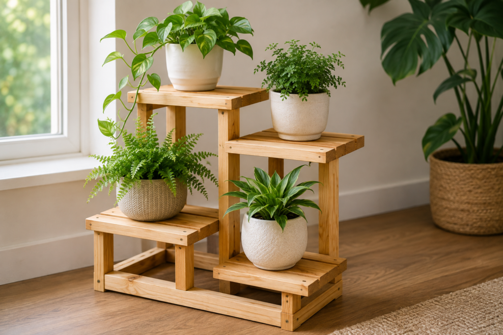 DIY wooden plant stand with multiple potted houseplants beside a sunny window.
