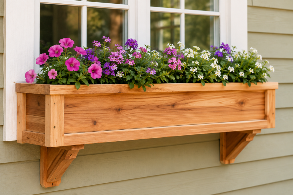 DIY wooden window box filled with colorful flowers beneath a white-trimmed window