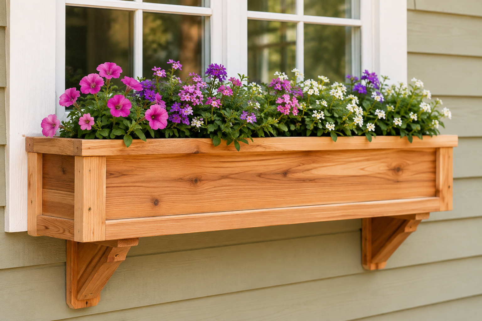 DIY wooden window box filled with colorful flowers beneath a white-trimmed window