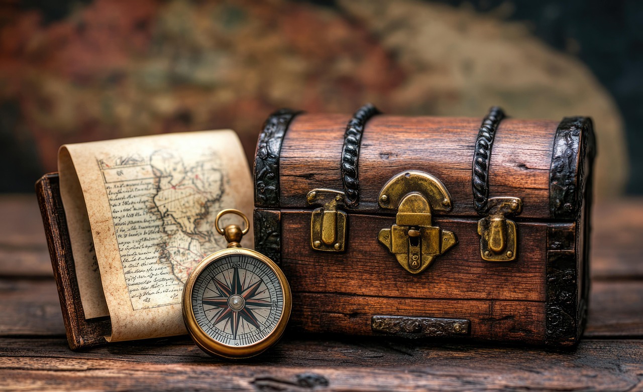 ai generated, treasure, chest, old map, wooden, scroll, compass, vintage treasure, map, wooden chest, treasure chest, adventure, old, vintage, exploration