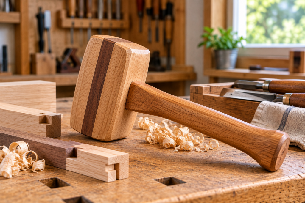 Wooden woodworking mallet on a workbench with wood shavings and joinery pieces in a workshop.